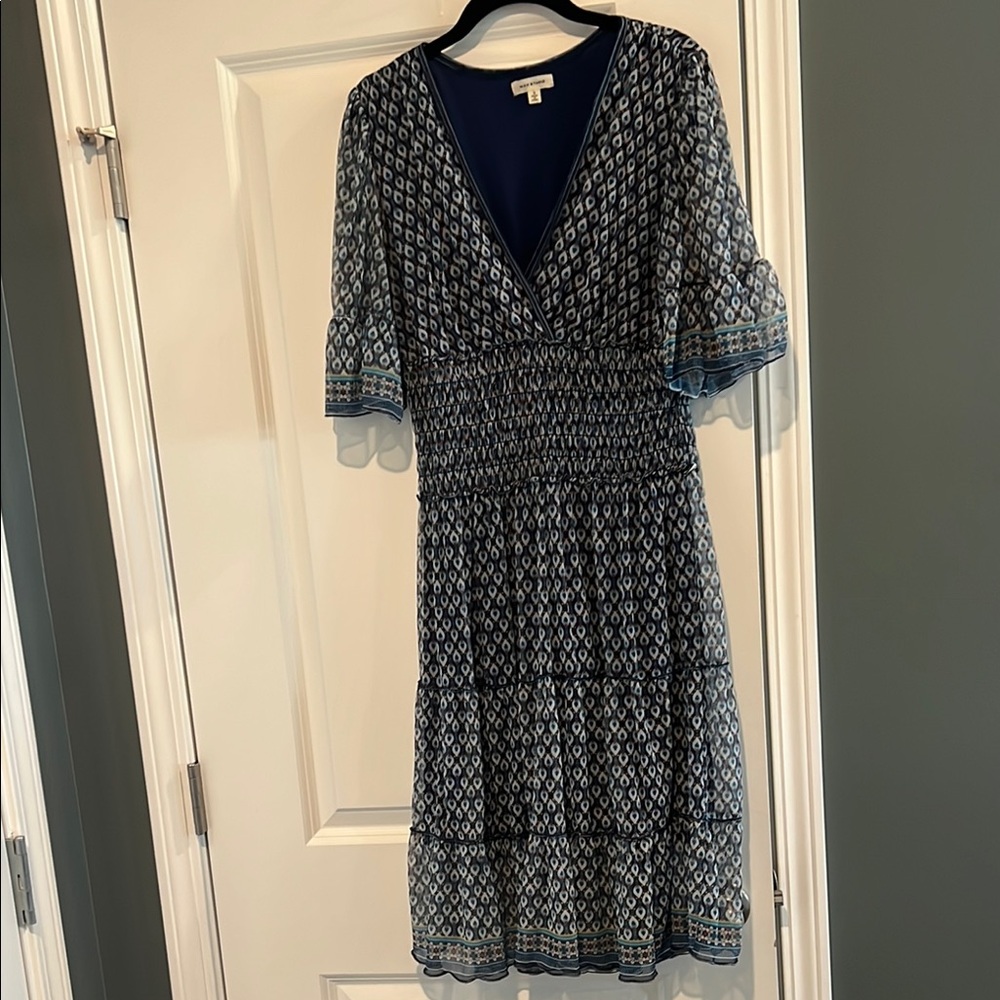Max Studio Blue Wrap Midi Dress with Bell Sleeves